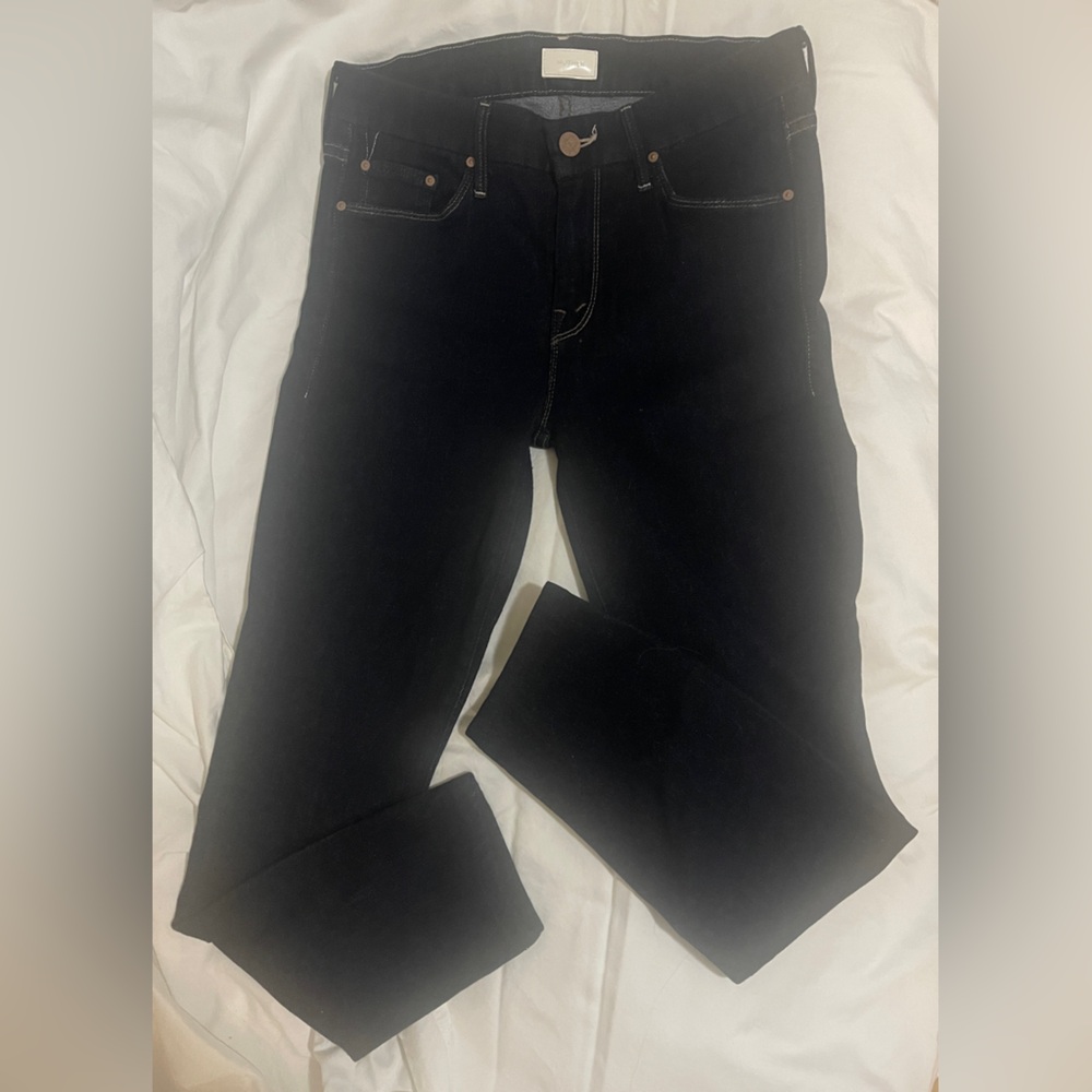 MOTHER Dark Blue Denim Skinny Jeans with Contrast Stitching